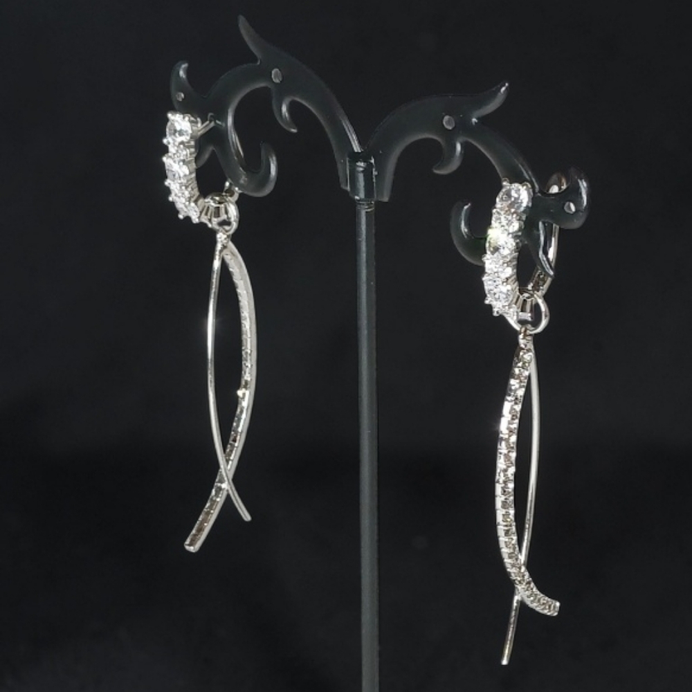 Silver Diamond Dangle Drop Tennis Earrings Wedding Guest Glam Luxe Bling Frost